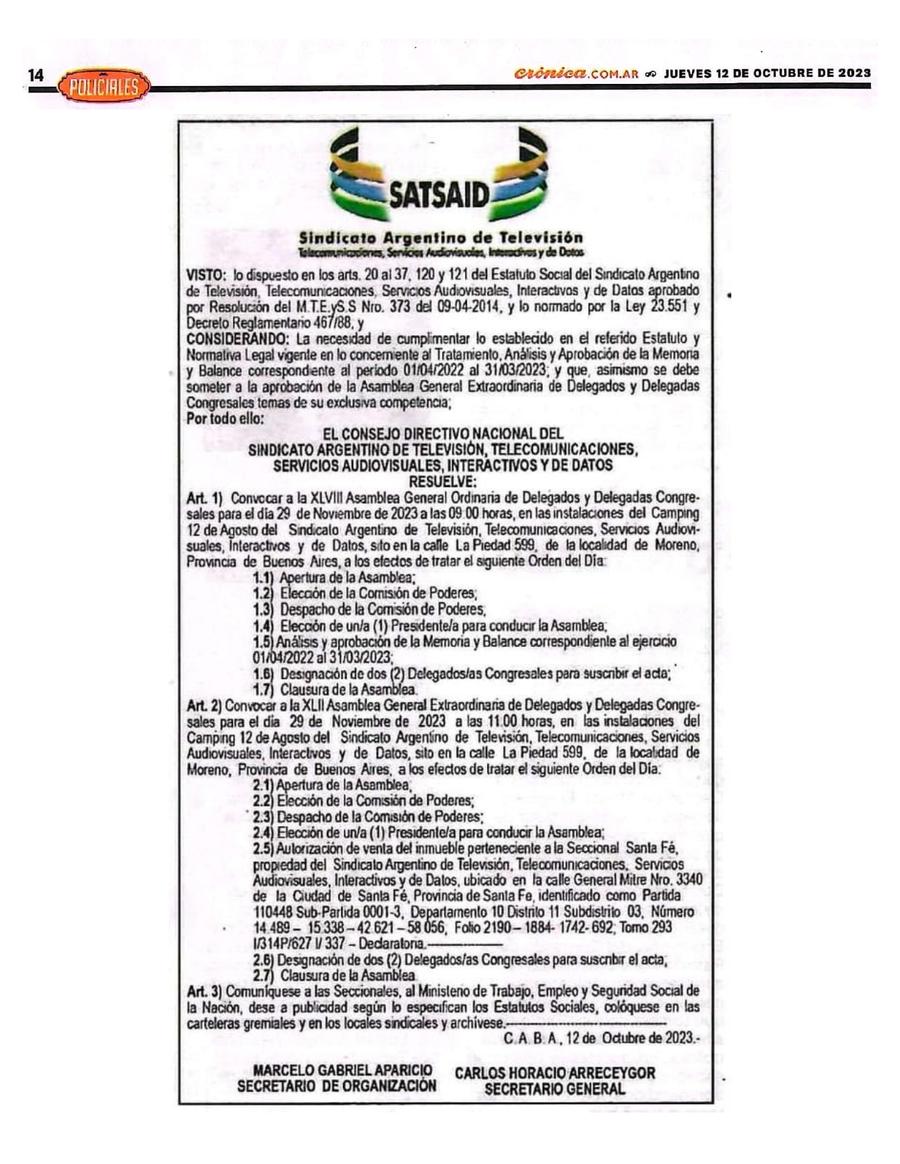 CONVOCATORIA A LA 48A ASAMBLEA GENERAL ORDINARIA DE DELEGADOS Y