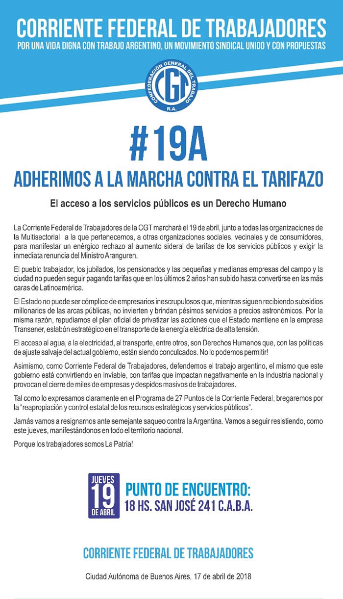 #19A Adherimos a la marcha contra el tarifazo