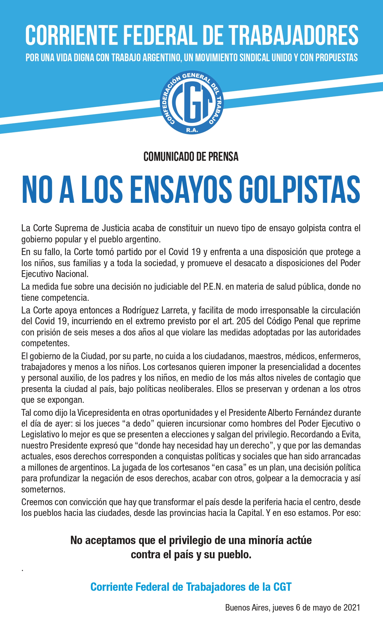 “NO A LOS ENSAYOS GOLPISTAS”, COMUNICADO DE LA CORRIENTE FEDERAL DE TRABAJADORES