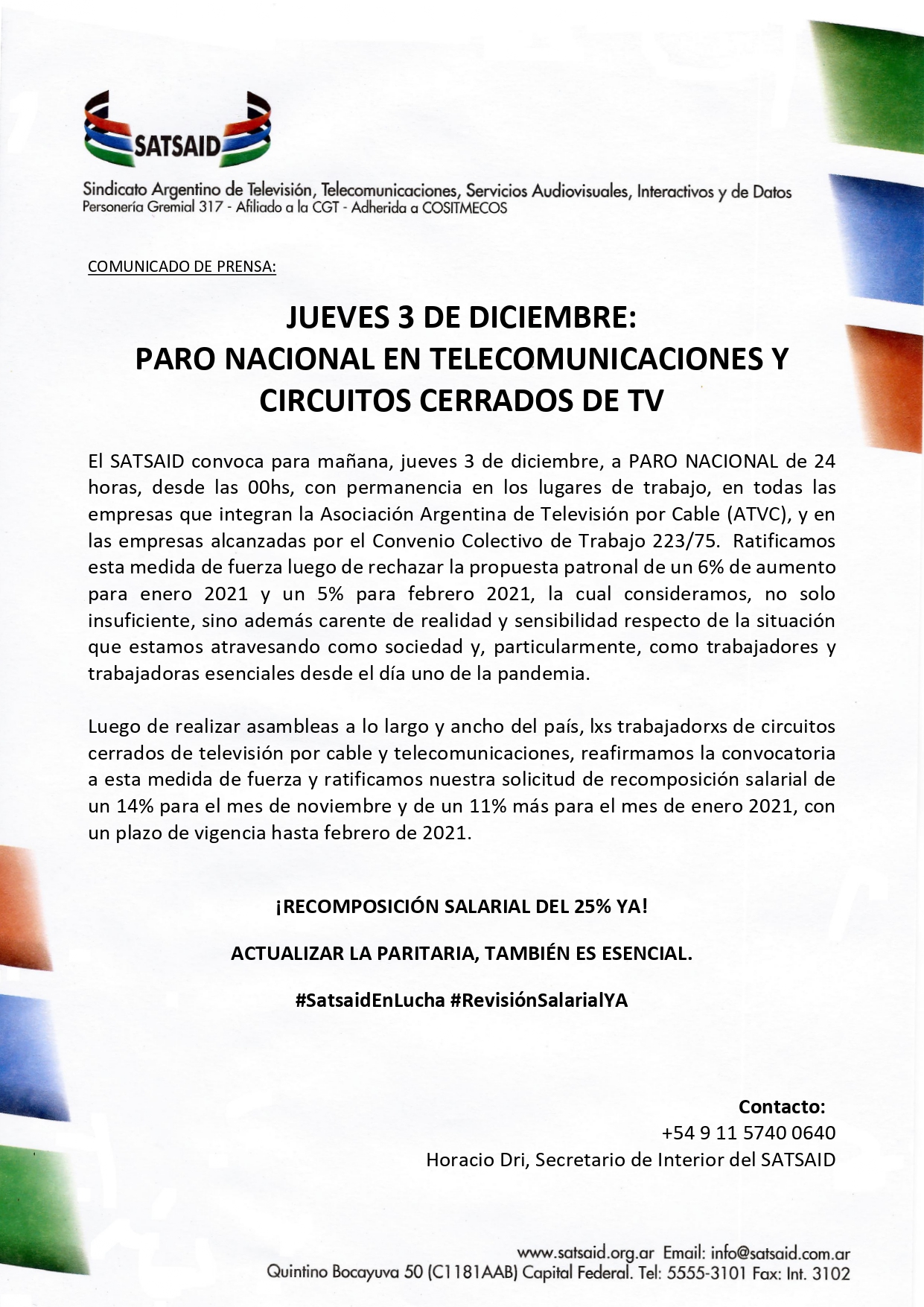 COMUNICADO DE PRENSA: JUEVES 3 DE DICIEMBRE: PARO NACIONAL EN TELECOMUNICACIONES – CIRCUITOS CERRADOS DE TV