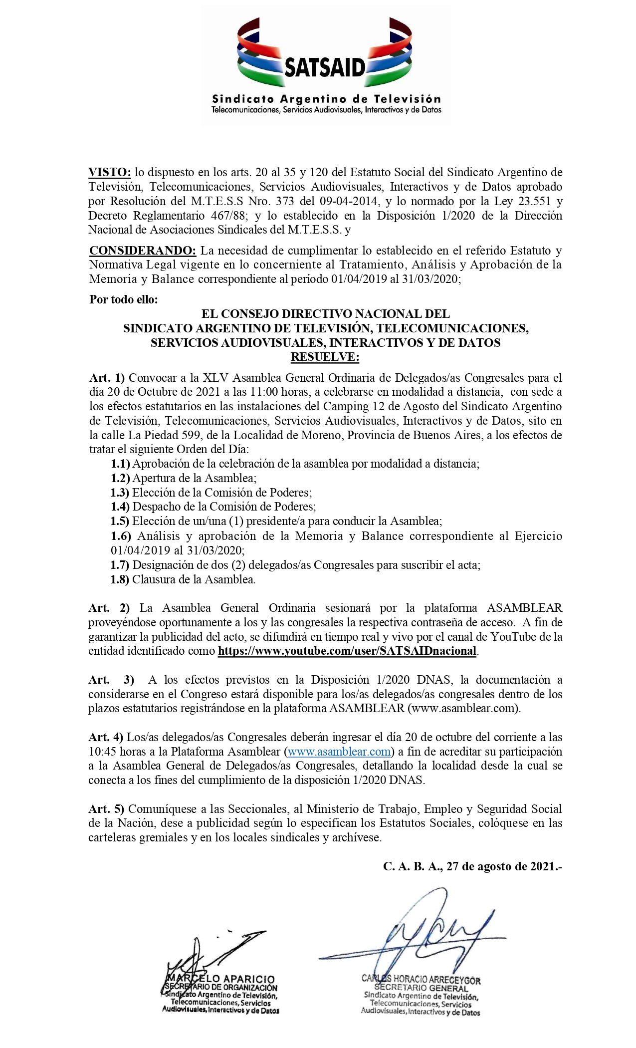 SATSAID CONVOCA A ASAMBLEA DE DELEGADXS CONGRESALES EL 20 DE OCTUBRE