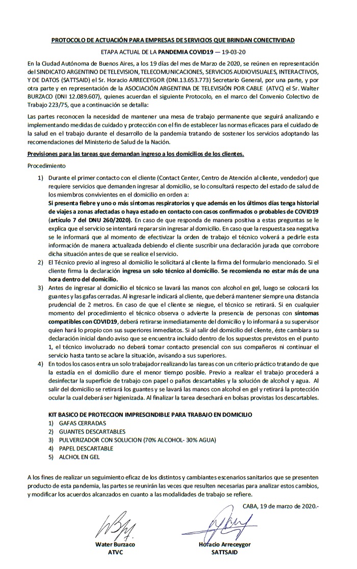 SATSAID Y ATVC FIRMARON PROTOCOLO DE ACTUACIÓN ANTE EL COVID-19