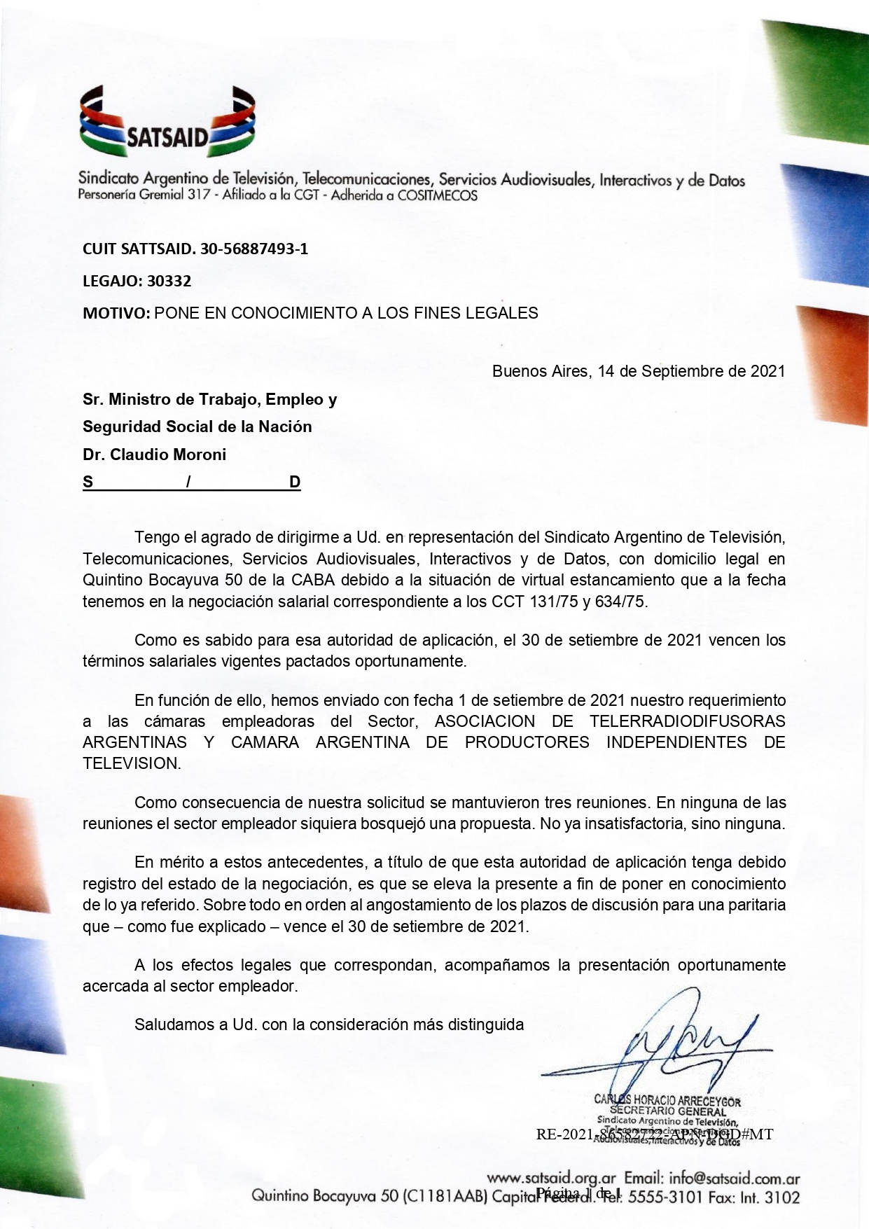 NOTA AL MINISTRO DE TRABAJO Y PLENARIO DE SECRETARIOS GENERALES