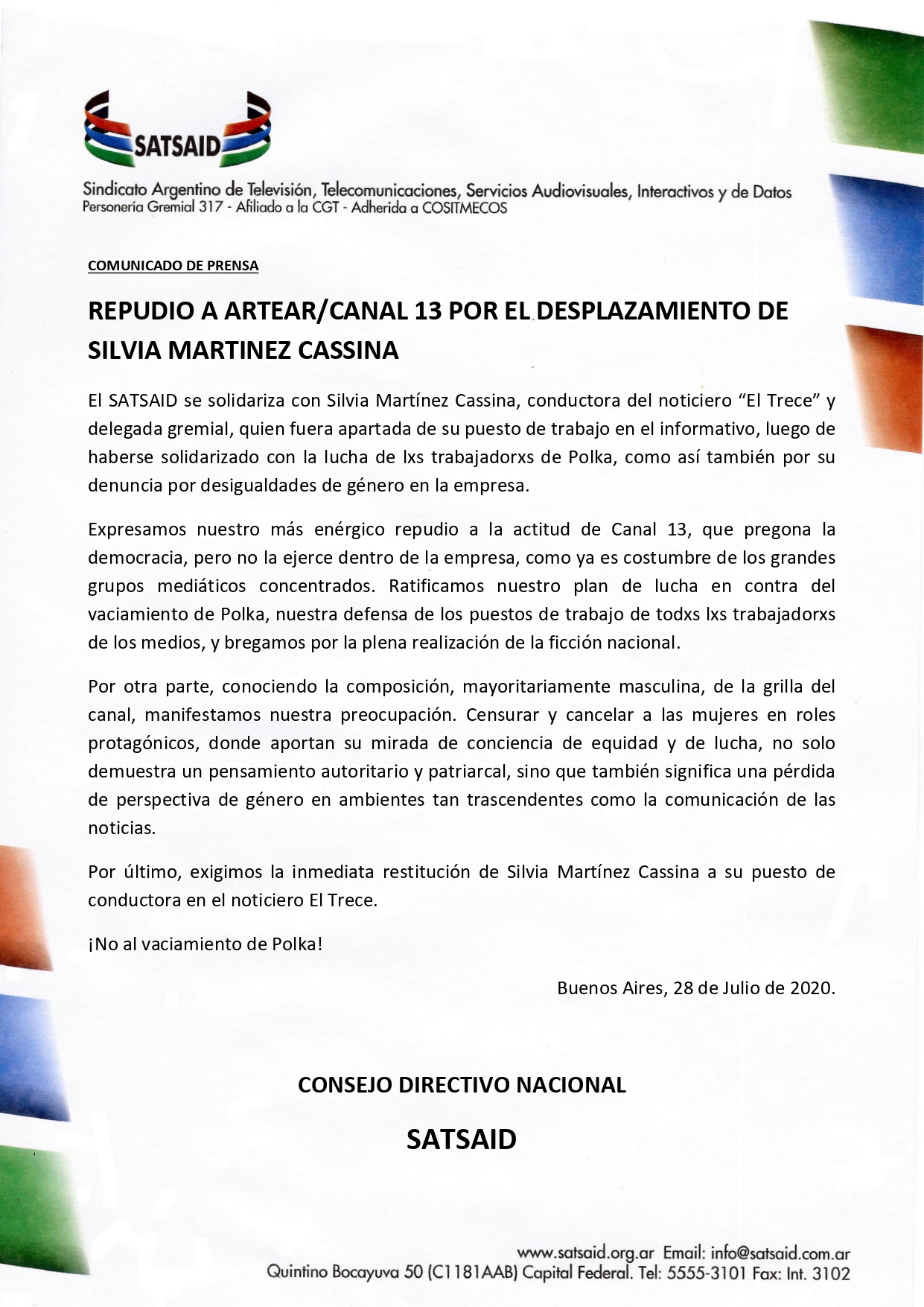 REPUDIO A ARTEAR/CANAL 13 POR EL DESPLAZAMIENTO DE SILVIA MARTÍNEZ CASSINA