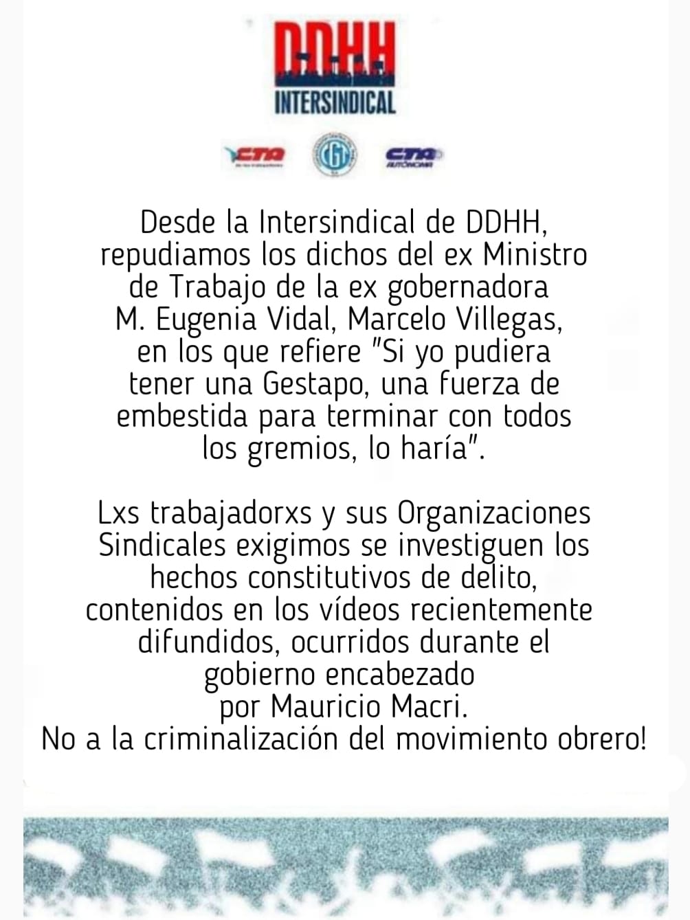 COMUNICADO DE LA INTERSINDICAL DE DDHH: ¡NO A LA CRIMINALIZACIÓN DEL MOVIMIENTO OBRERO!