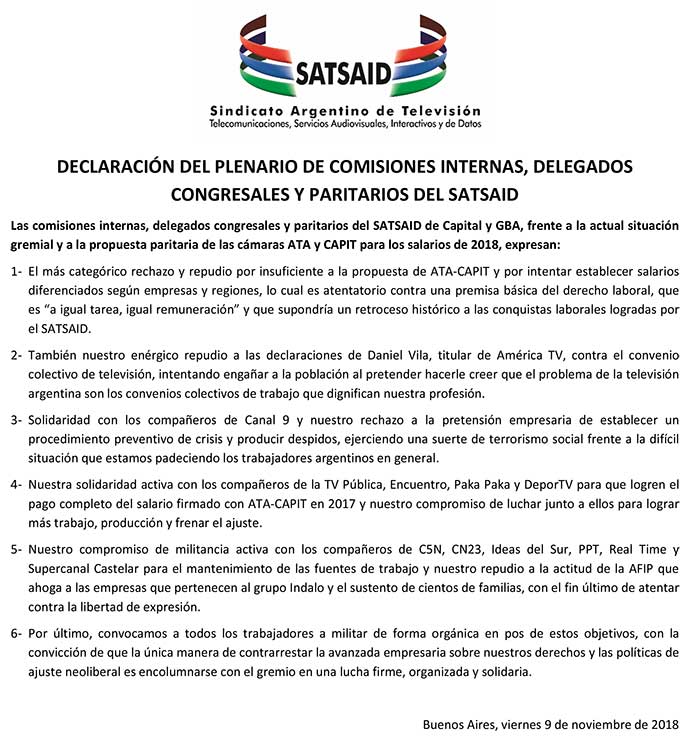 Declaración del Plenario de Comisiones Internas, Delegados Congresales y Paritarios del SATSAID