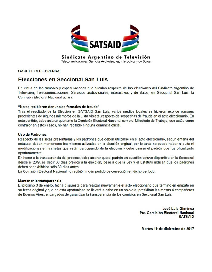 Elecciones del SATSAID en San Luis