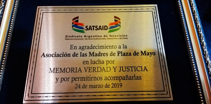 Reconocimiento del SATSAID a las Madres de Plaza de Mayo