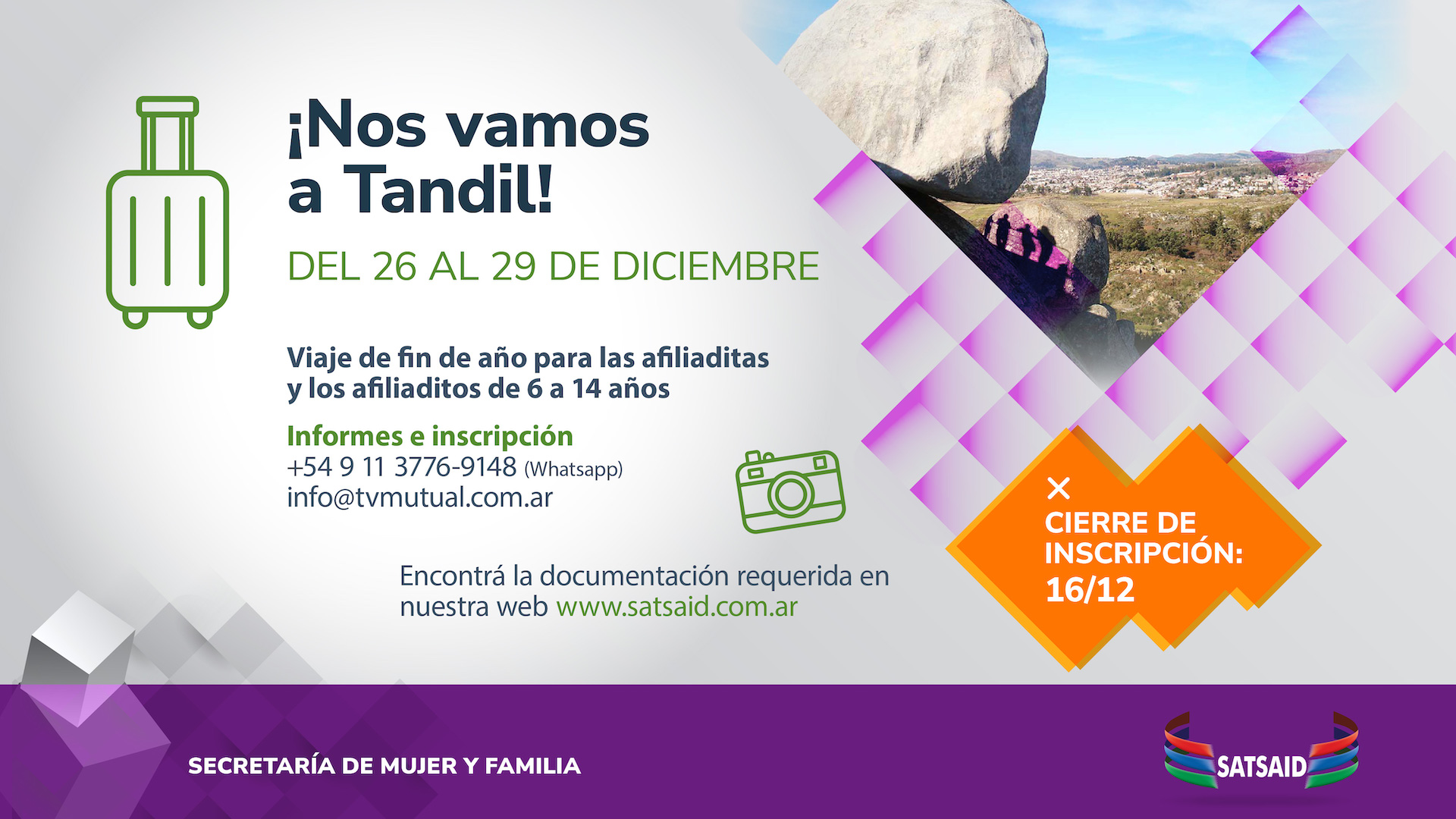 AMBA: ¡ÚLTIMOS DÍAS DE INSCRIPCIÓN PARA EL VIAJE A TANDIL DE LOS PEQUES DEL SATSAID!