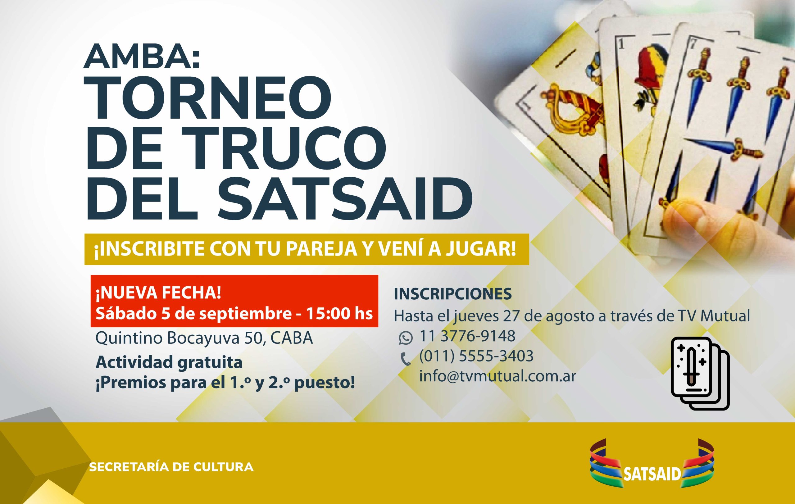 AMBA: REPROGRAMAMOS EL TORNEO DE TRUCO DEL SATSAID ¡INSCRIBITE CON TU PAREJA Y VENÍ A JUGAR!